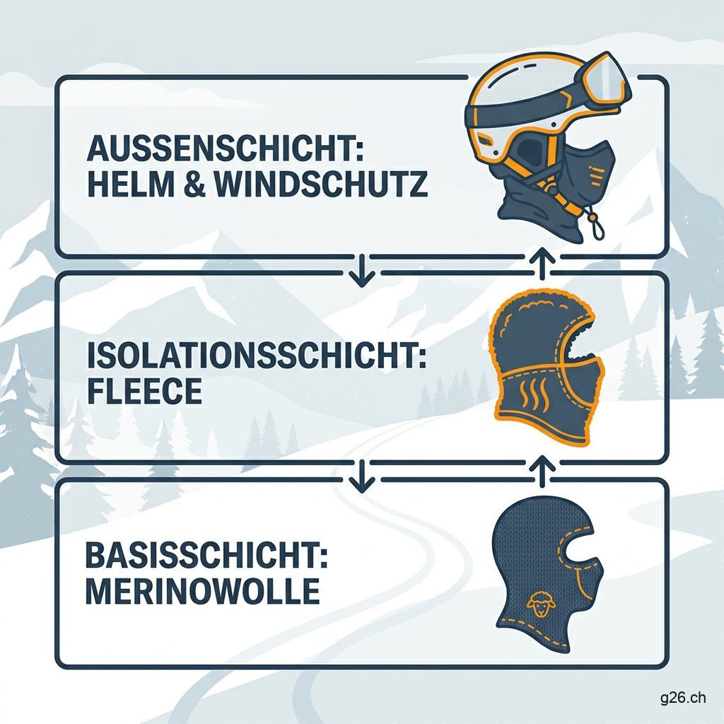 Infografik zum Lagenprinzip einer Sturmhaube bei Skitour mit Basisschicht, Isolationsschicht und Helm