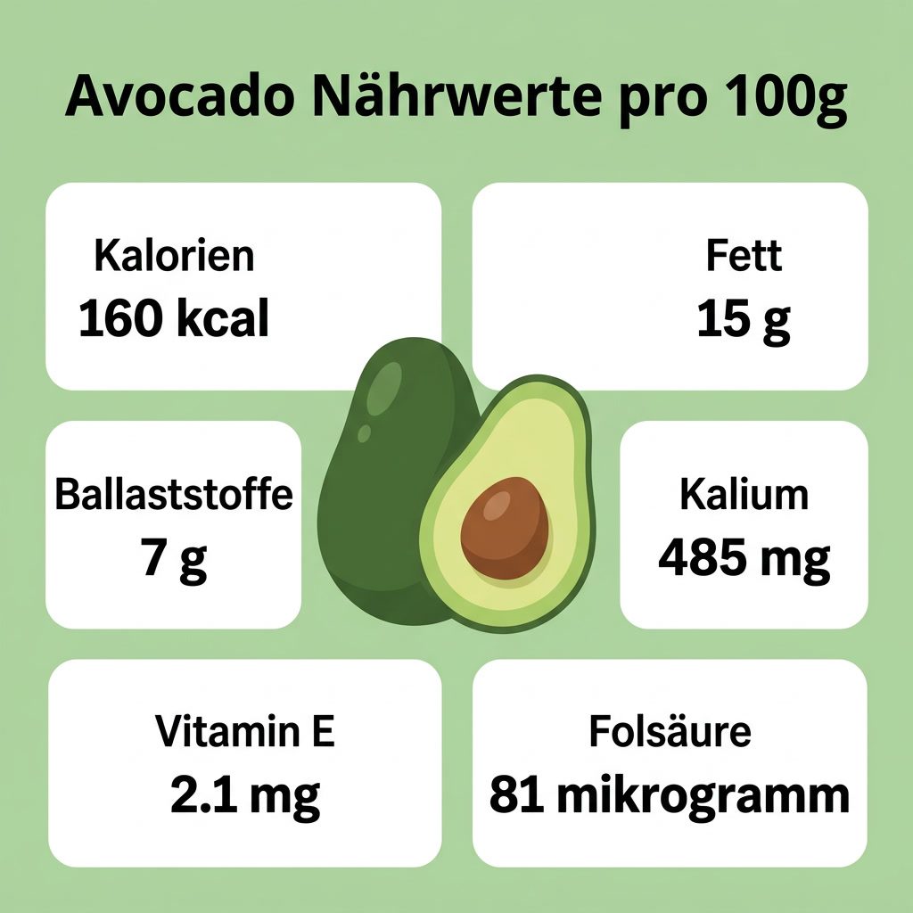Infografik: Avocado Naehrwerte pro 100 Gramm mit Kalorien, Fett, Ballaststoffen, Kalium, Vitamin E und Folsaeure
