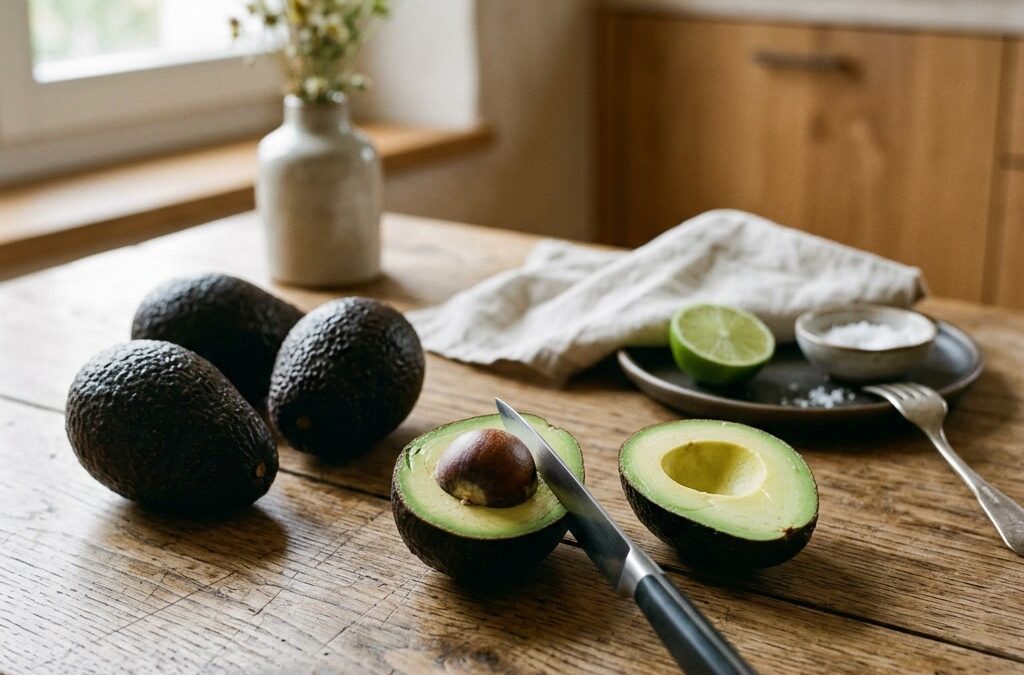 Frische Avocados und eine aufgeschnittene Avocado auf einem Holztisch