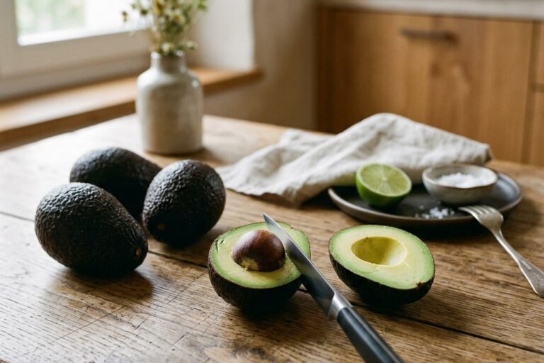 Frische Avocados und eine aufgeschnittene Avocado auf einem Holztisch