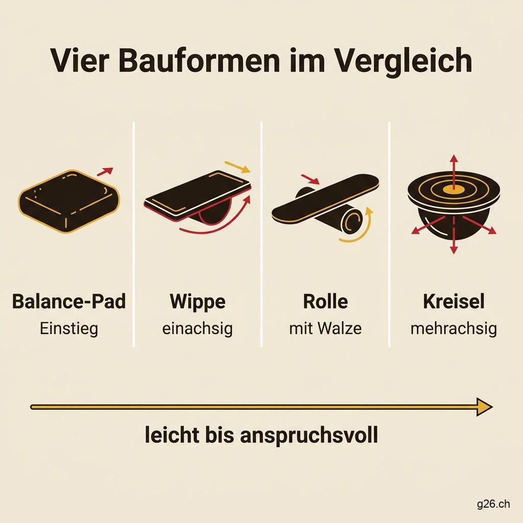 Infografik zu Balance-Board-Bauformen: Wackelbrett, Wippe, Rolle und Balance-Pad im Vergleich nach Schwierigkeit