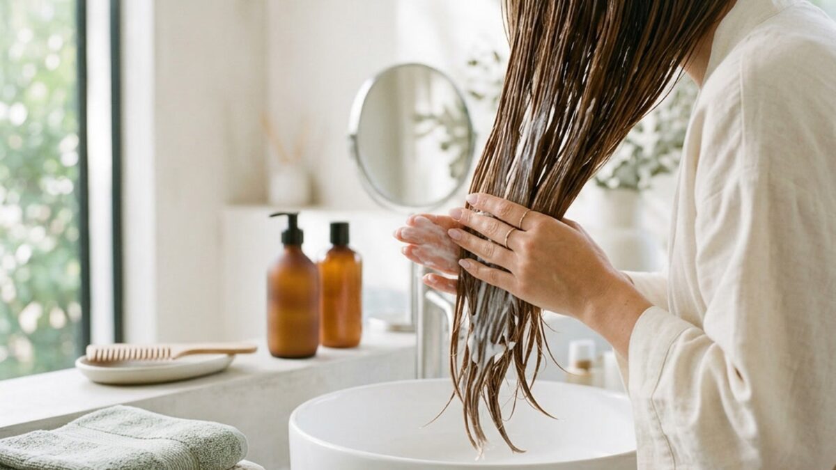 Conditioner wird ins nasse Haar einmassiert, Nahaufnahme im hellen Badezimmer
