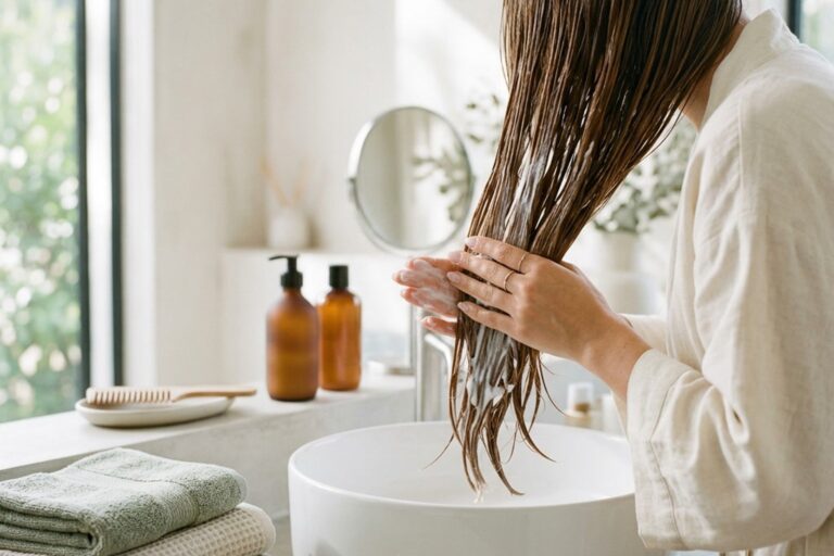 Conditioner wird ins nasse Haar einmassiert, Nahaufnahme im hellen Badezimmer