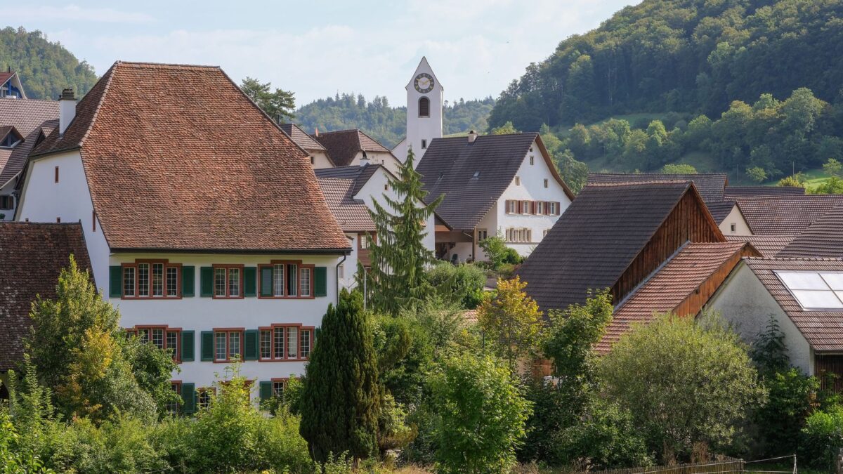 Wohnhäuser in einem Schweizer Dorf vor einer Bergkulisse