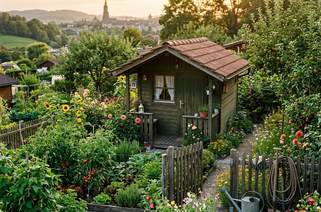 Gartenlaube in einem Berner Familiengarten mit Blumenbeeten am Abend