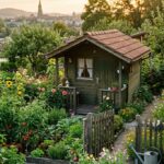 Gartenlaube in einem Berner Familiengarten mit Blumenbeeten am Abend