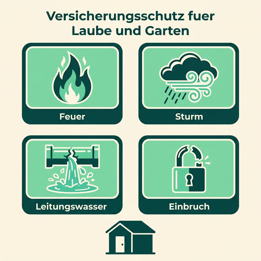 Infografik: Versicherungsschutz für Laube und Garten gegen Feuer, Sturm, Leitungswasser und Einbruch