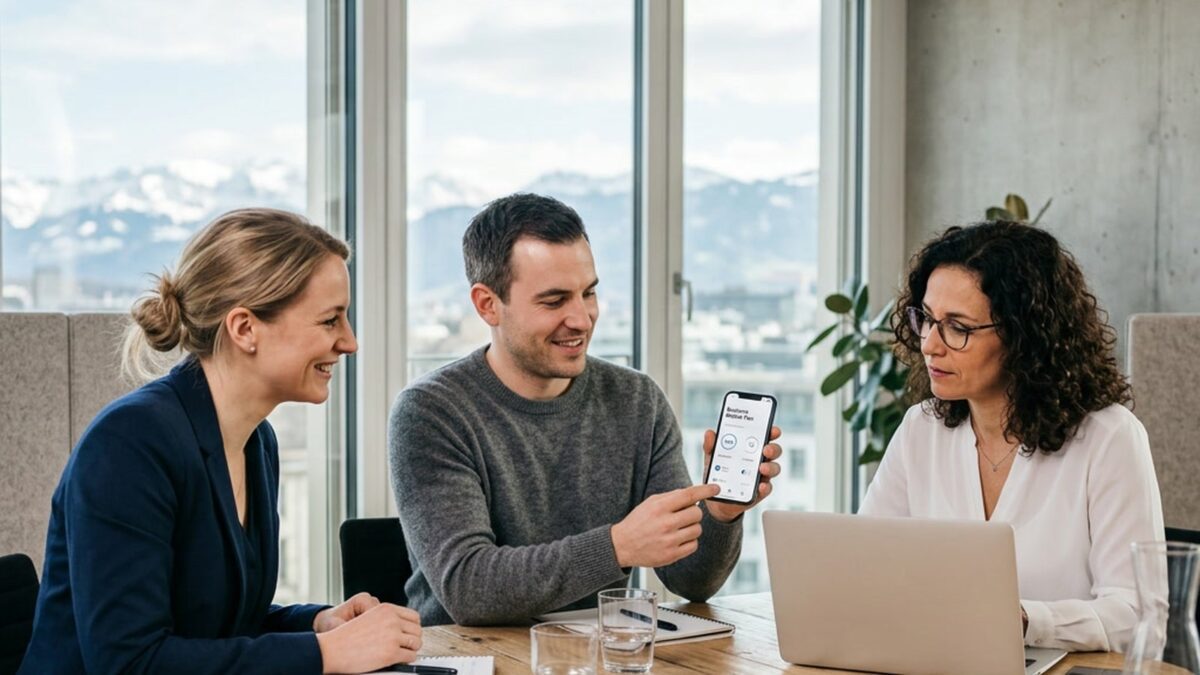 Drei Büroangestellte besprechen einen Firmen-Mobilfunk-Vertrag mit Blick auf die Schweizer Alpen