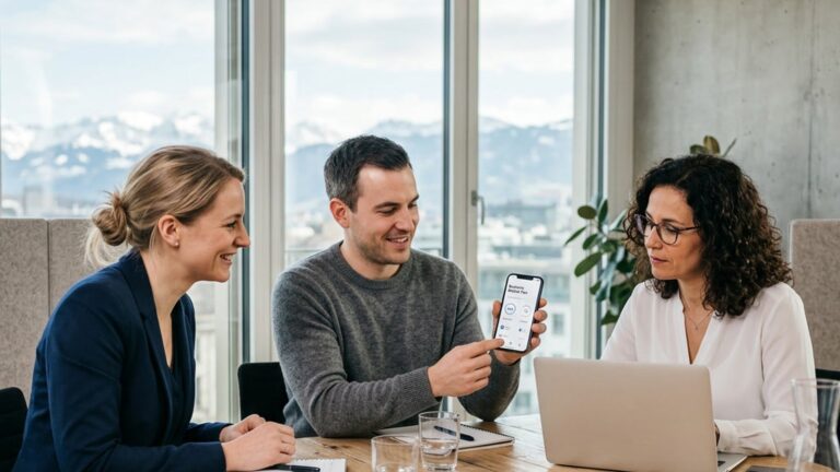 Drei Büroangestellte besprechen einen Firmen-Mobilfunk-Vertrag mit Blick auf die Schweizer Alpen
