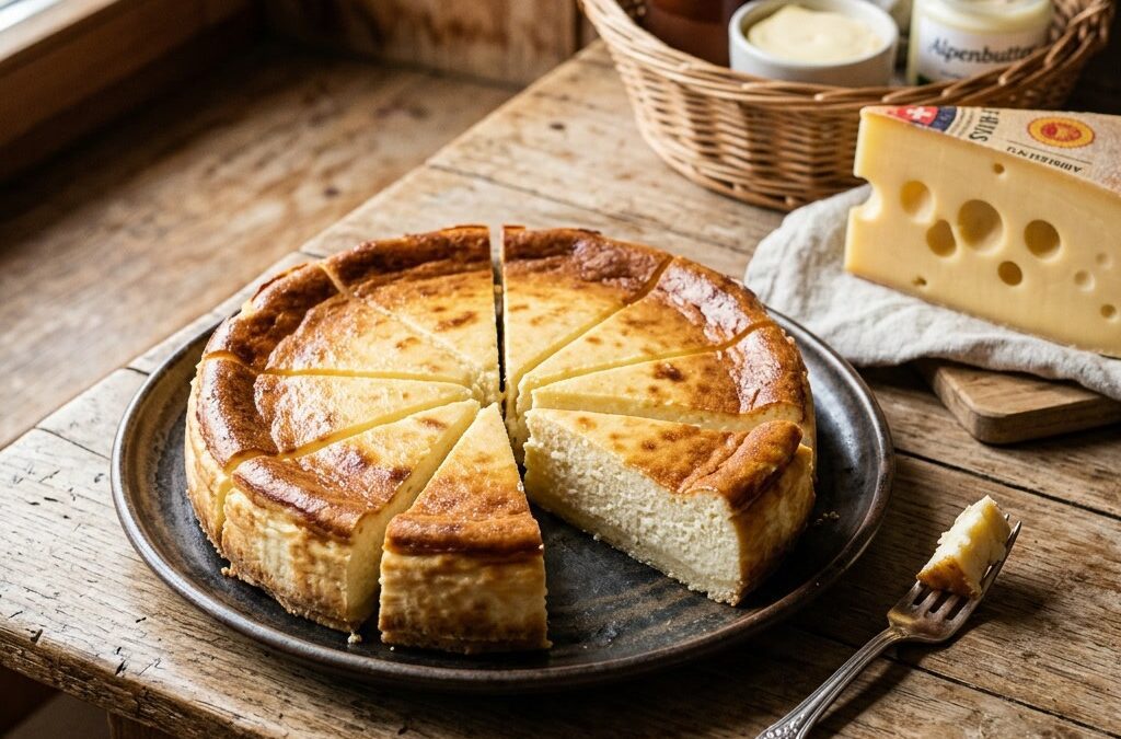 Käsekuchen ohne Boden angeschnitten mit Schweizer Emmentaler im Hintergrund