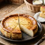 Käsekuchen ohne Boden angeschnitten mit Schweizer Emmentaler im Hintergrund