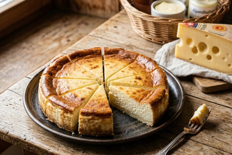 Käsekuchen ohne Boden angeschnitten mit Schweizer Emmentaler im Hintergrund