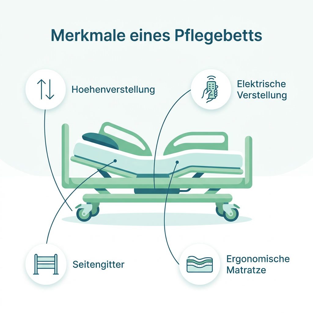Infografik: Merkmale eines modernen Pflegebetts mit Höhenverstellung, Seitengitter, elektrischer Verstellung und ergonomischer Matratze